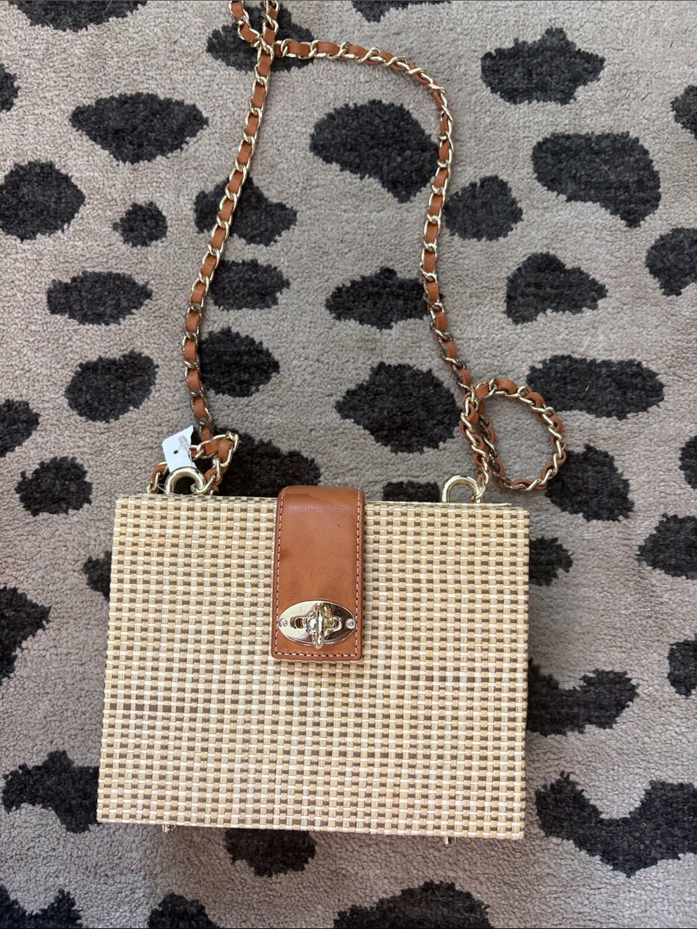 Woven Straw Crossbody Bag with Tan Leather Trim J Mclaughin summer bag 💼